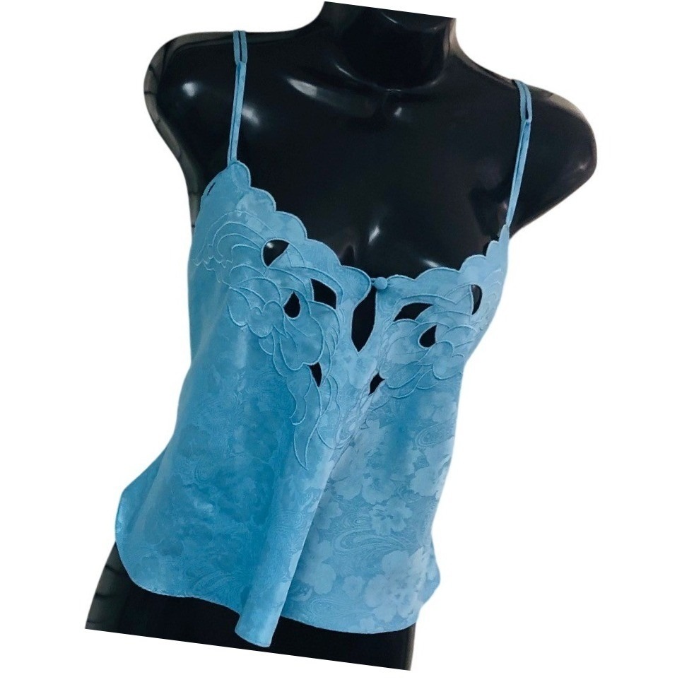 Vtg Victorias Secret Cami Tank Set Gold Label Women L Blue Satin Brocade Cut Out